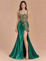 Augday Ophelia Satin Long Meraid Prom Dress with Appliques
