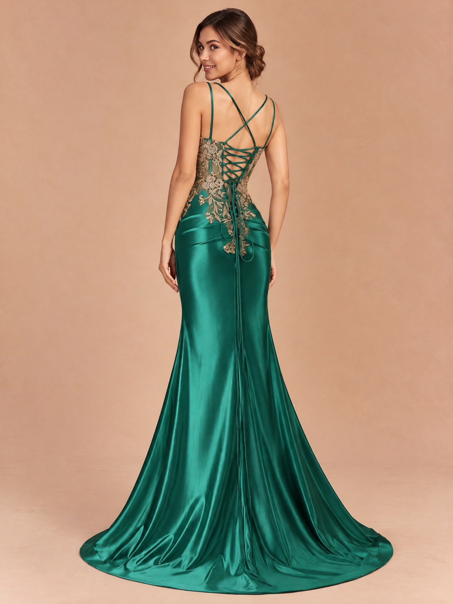 Augday Ophelia Satin Long Meraid Prom Dress with Appliques