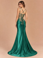 Augday Ophelia Satin Long Meraid Prom Dress with Appliques