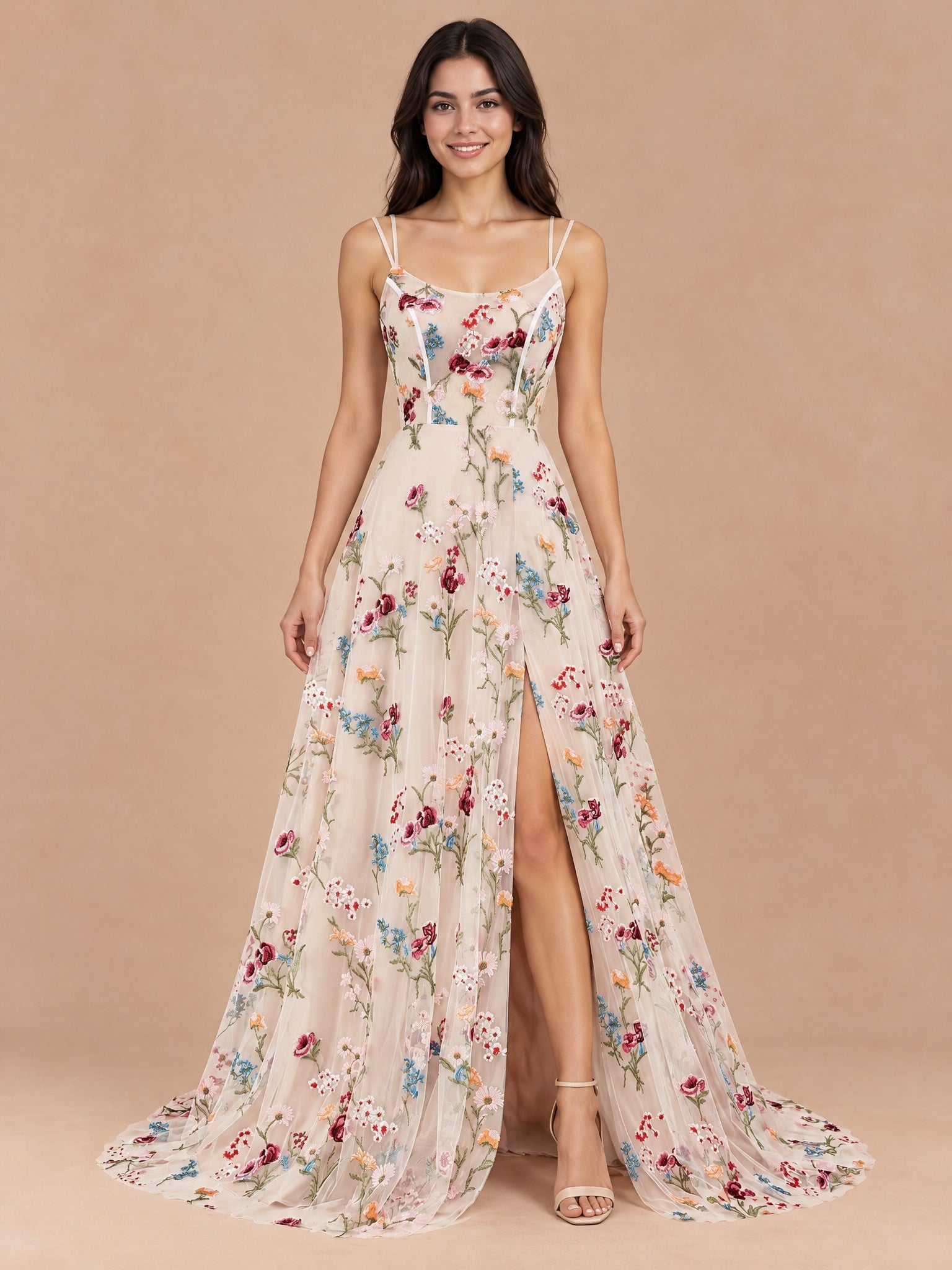 Augday Celandine Ivory Floral Embroidery Tulle Maxi Dress with Corset Back