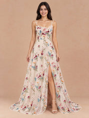 Augday Celandine Ivory Floral Embroidery Tulle Maxi Dress with Corset Back