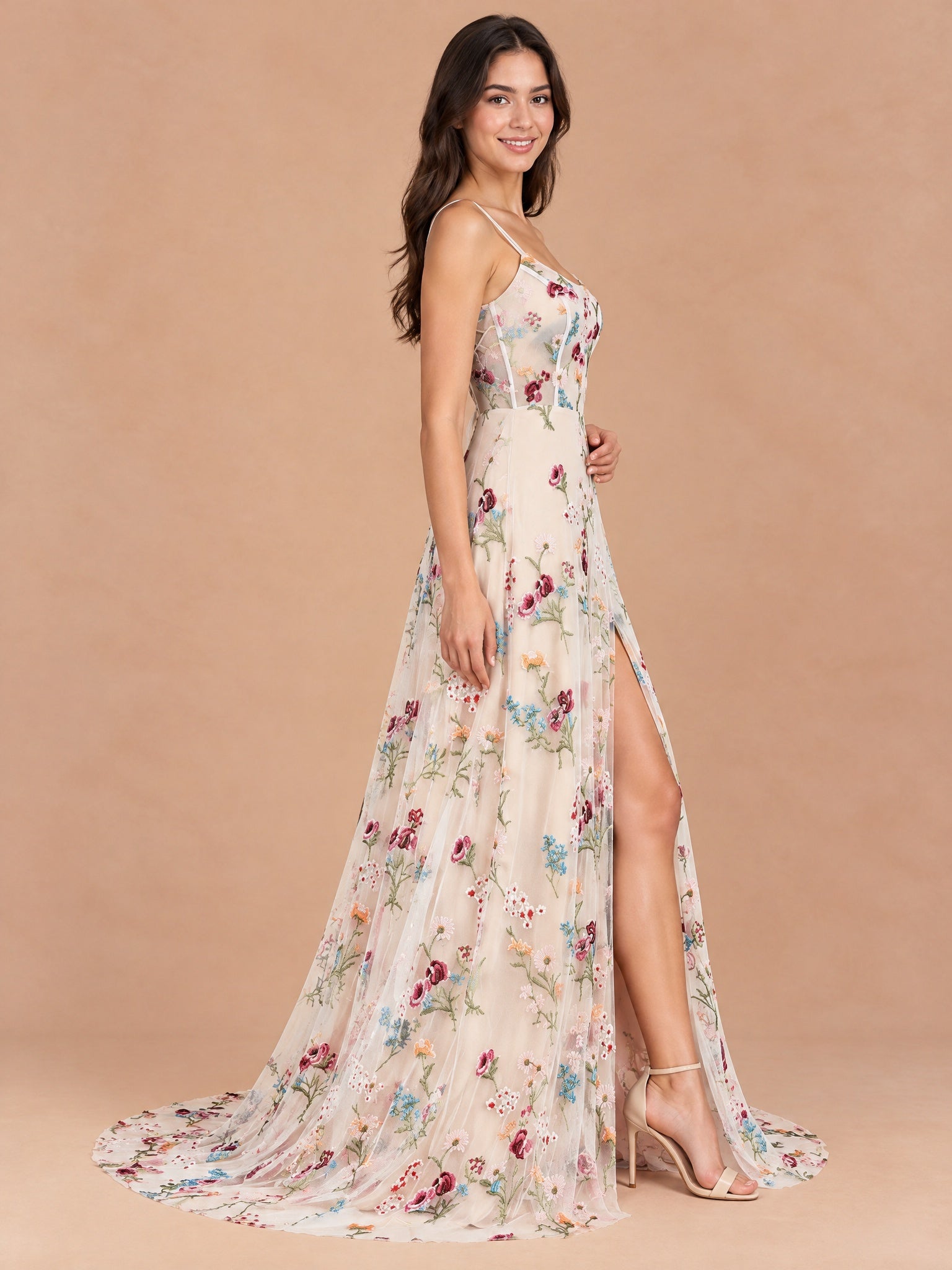 Augday Celandine Ivory Floral Embroidery Tulle Maxi Dress with Corset Back