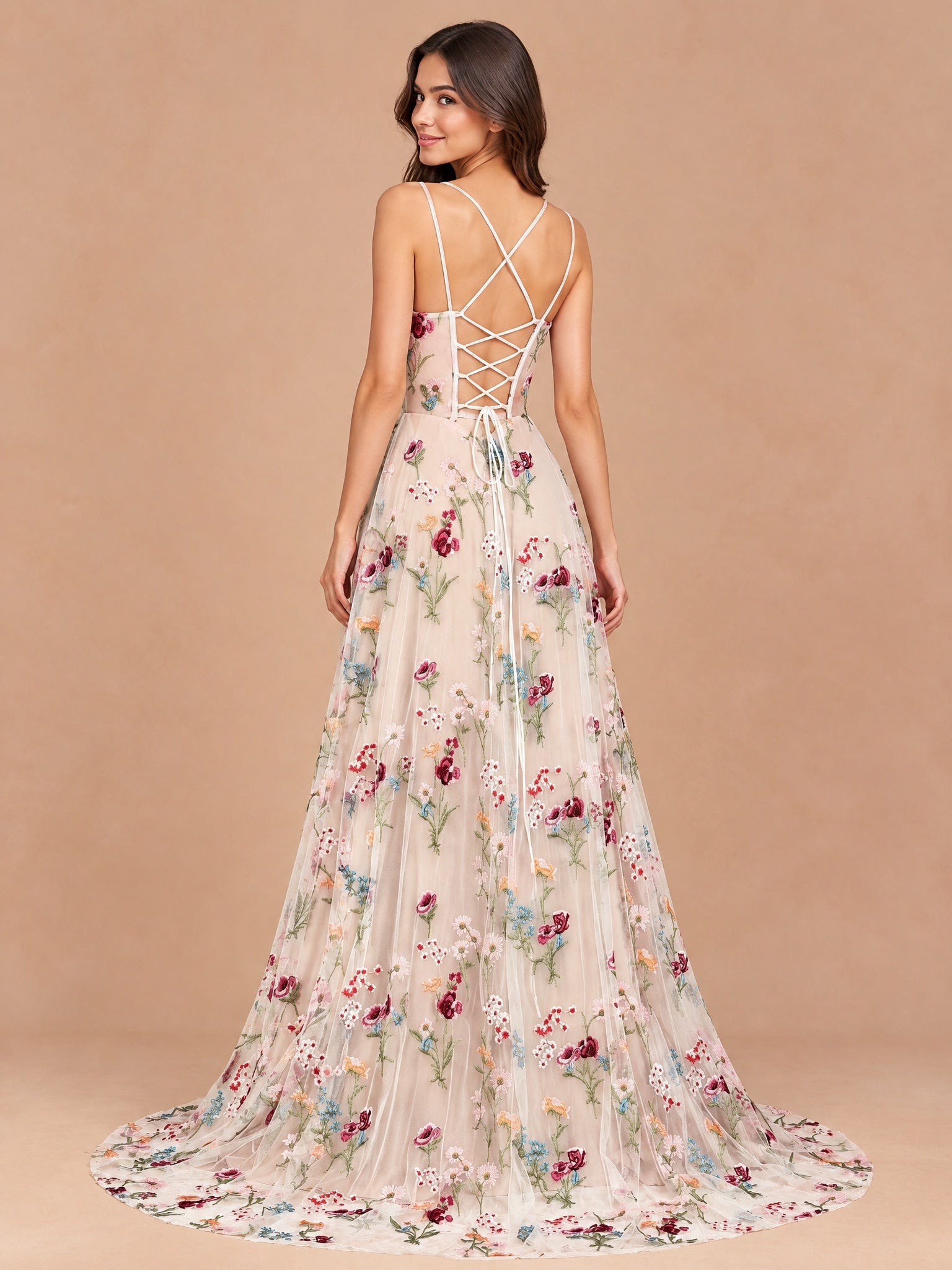 Augday Celandine Ivory Floral Embroidery Tulle Maxi Dress with Corset Back