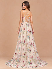 Augday Celandine Ivory Floral Embroidery Tulle Maxi Dress with Corset Back