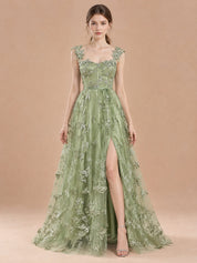 Augday Daphne Sage Green Butterfly Applique Tulle A-Line Prom Dress