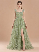 Augday Daphne Sage Green Butterfly Applique Tulle A-Line Prom Dress