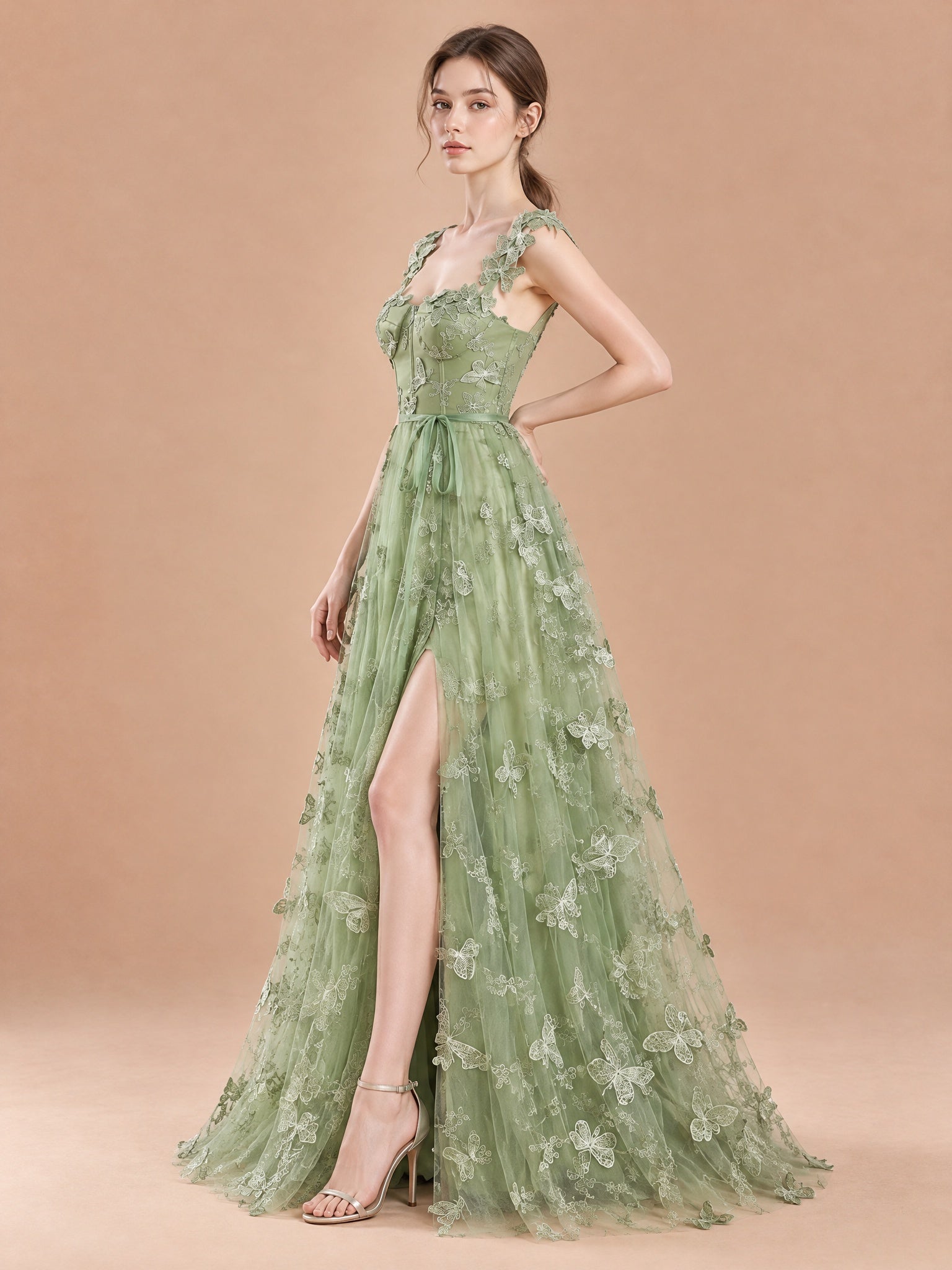 Augday Daphne Sage Green Butterfly Applique Tulle A-Line Prom Dress