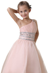 Augday One Shoulder Chiffon Beaded Crystal Flower Girl Dresses
