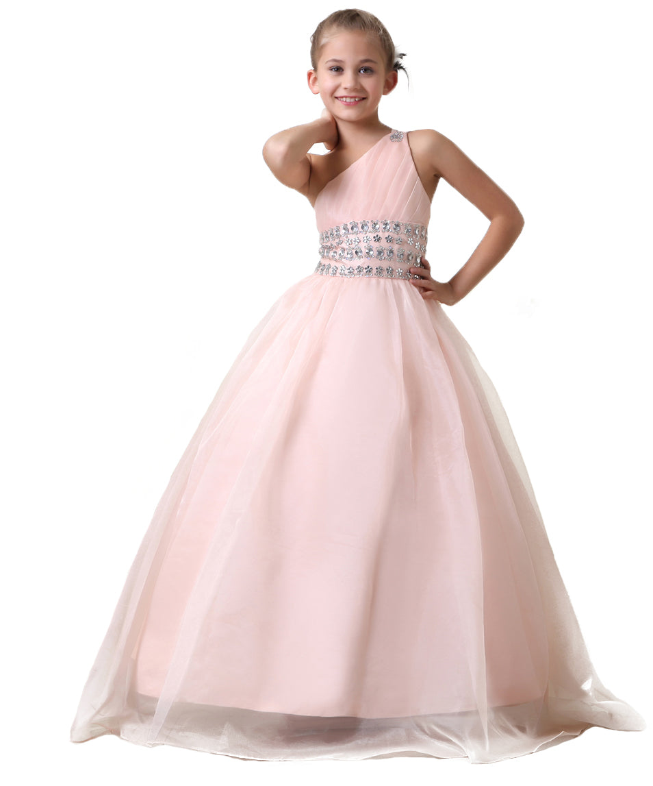 One Shoulder Chiffon Beaded Crystal Flower Girl Dresses