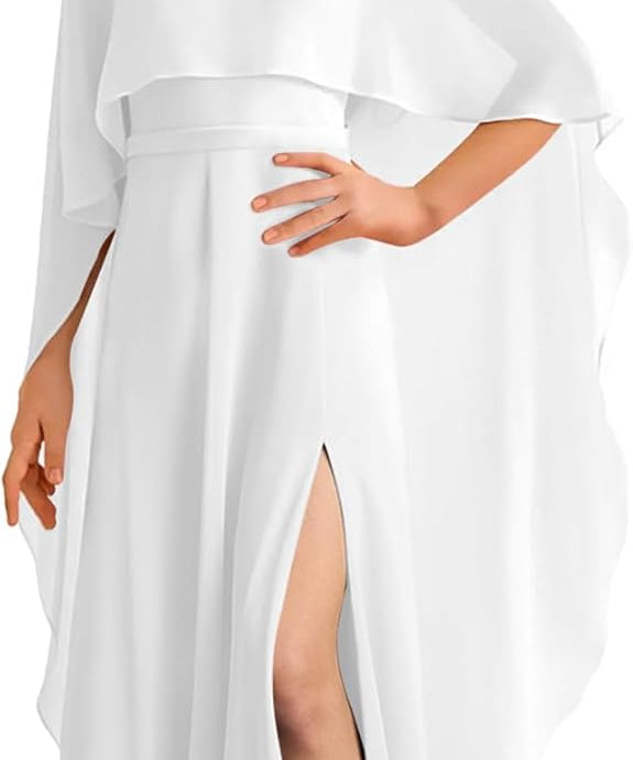 Augday Chiffon Junior Bridesmaid Dress with Cape V-Neck Chiffon A-Line Flower Girl Formal Gown UJR143