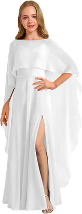 Augday Chiffon Junior Bridesmaid Dress with Cape V-Neck Chiffon A-Line Flower Girl Formal Gown