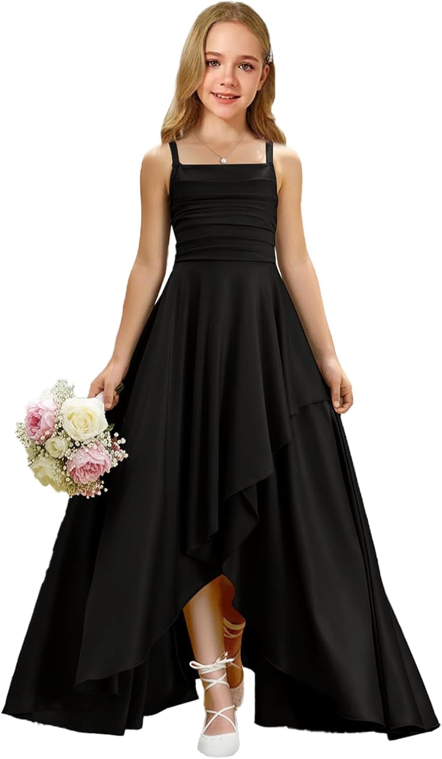 Augday Satin Junior Bridesmaid Dress with Adjustable Straps A-Line Flower Girl Formal Gown UJR150