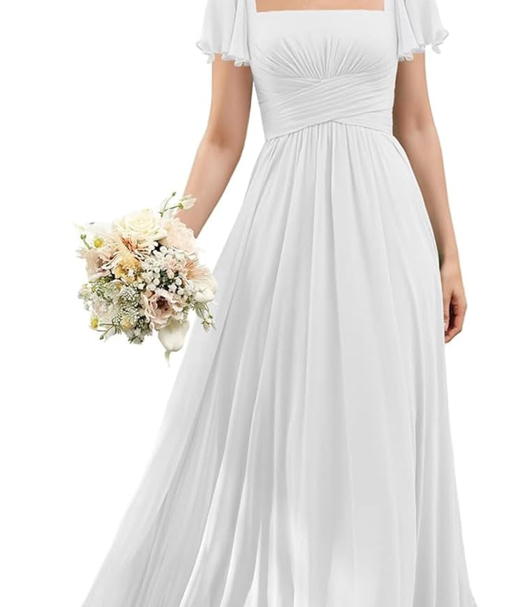 Flutter Sleeves Junior Bridesmaid Dress Square Neck Flower Girl Dresses with Ruffles A Line Wedding Party Gown