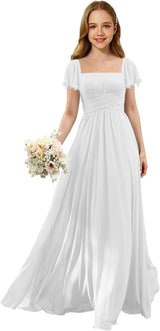 Augday Flutter Sleeves Junior Bridesmaid Dress Square Neck Flower Girl Dresses with Ruffles A Line Wedding Party Gown