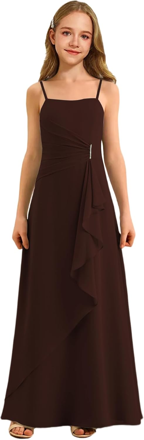 Augday Spaghetti Straps Chiffon Junior Bridesmaid Dress Ruffles A-Line Flower Girl Formal Gown UJR152