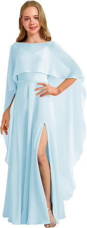 Augday Chiffon Junior Bridesmaid Dress with Cape V-Neck Chiffon A-Line Flower Girl Formal Gown UJR143
