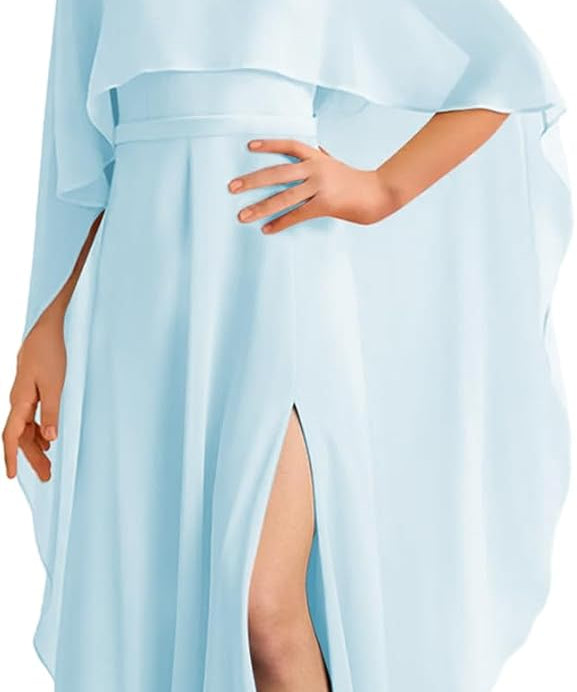 Augday Chiffon Junior Bridesmaid Dress with Cape V-Neck Chiffon A-Line Flower Girl Formal Gown UJR143