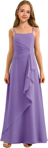 Augday Spaghetti Straps Chiffon Junior Bridesmaid Dress Ruffles A-Line Flower Girl Formal Gown
