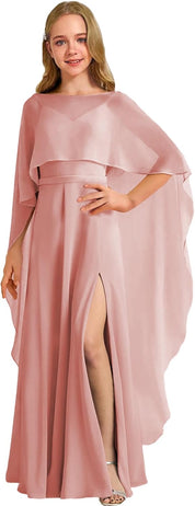 Augday Chiffon Junior Bridesmaid Dress with Cape V-Neck Chiffon A-Line Flower Girl Formal Gown UJR143