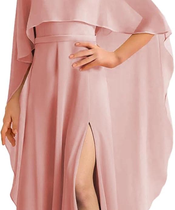 Augday Chiffon Junior Bridesmaid Dress with Cape V-Neck Chiffon A-Line Flower Girl Formal Gown UJR143