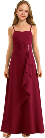 Augday Spaghetti Straps Chiffon Junior Bridesmaid Dress Ruffles A-Line Flower Girl Formal Gown
