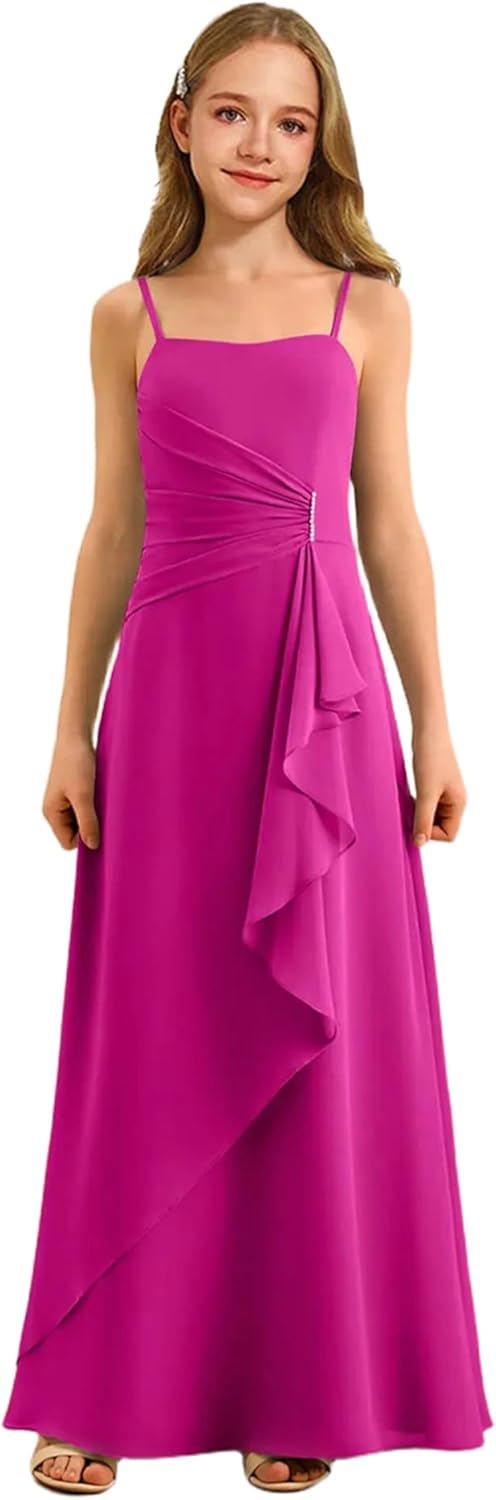 Augday Spaghetti Straps Chiffon Junior Bridesmaid Dress Ruffles A-Line Flower Girl Formal Gown UJR152