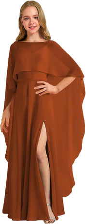 Augday Chiffon Junior Bridesmaid Dress with Cape V-Neck Chiffon A-Line Flower Girl Formal Gown UJR143