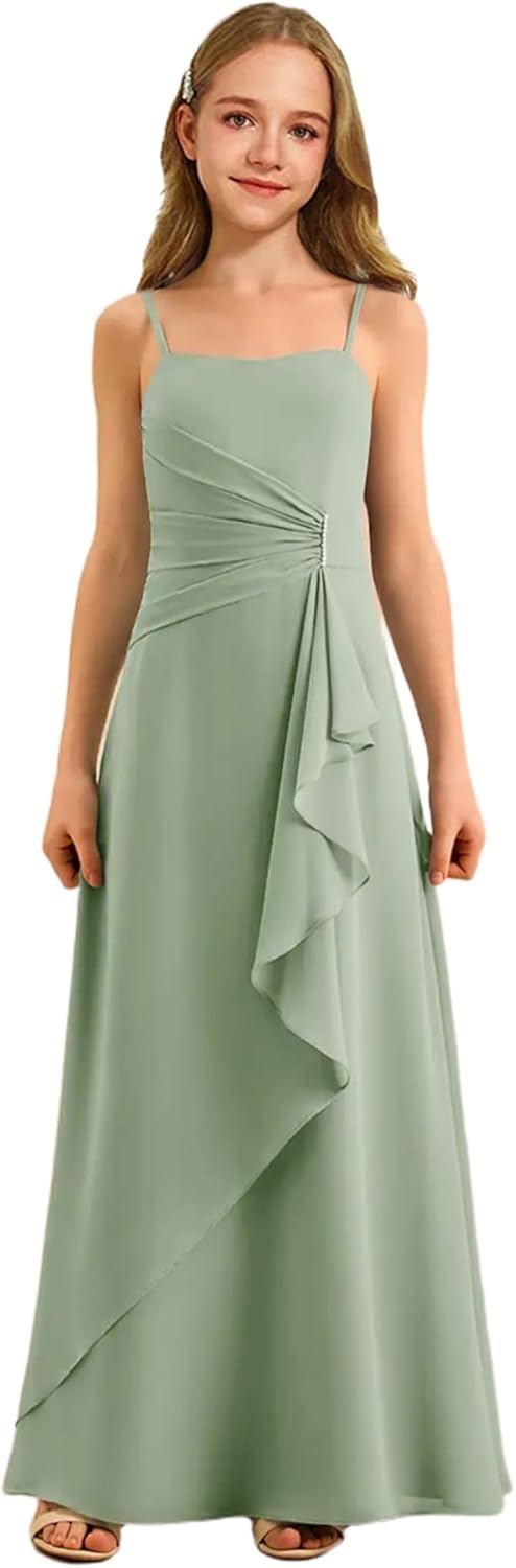 Augday Spaghetti Straps Chiffon Junior Bridesmaid Dress Ruffles A-Line Flower Girl Formal Gown UJR152