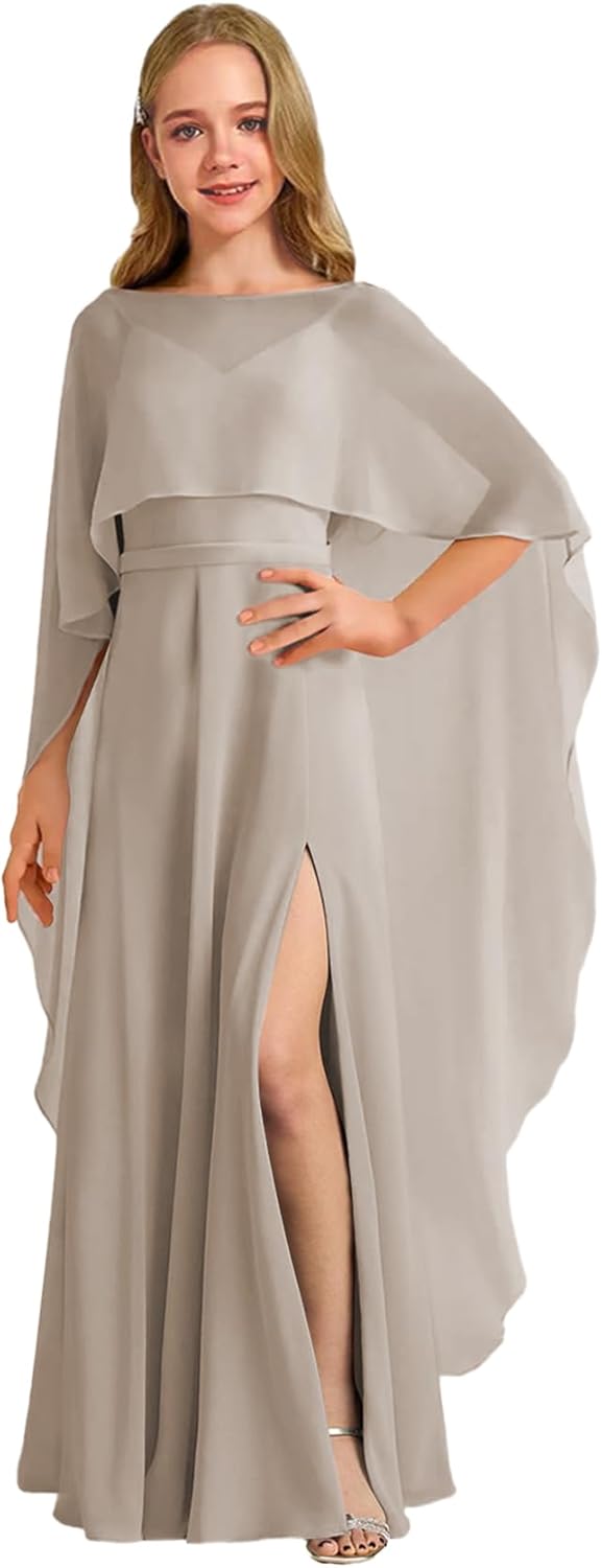 Augday Chiffon Junior Bridesmaid Dress with Cape V-Neck Chiffon A-Line Flower Girl Formal Gown UJR143