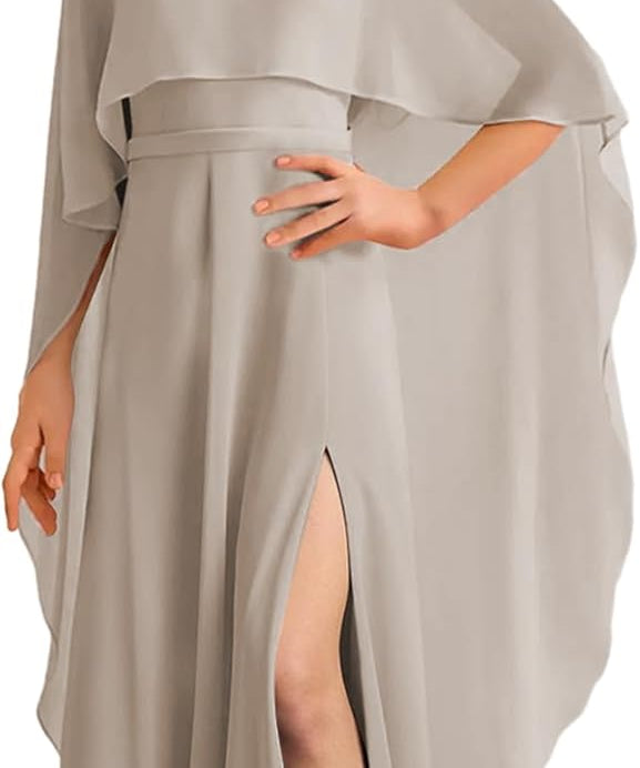 Augday Chiffon Junior Bridesmaid Dress with Cape V-Neck Chiffon A-Line Flower Girl Formal Gown UJR143