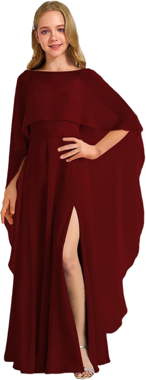 Augday Chiffon Junior Bridesmaid Dress with Cape V-Neck Chiffon A-Line Flower Girl Formal Gown UJR143