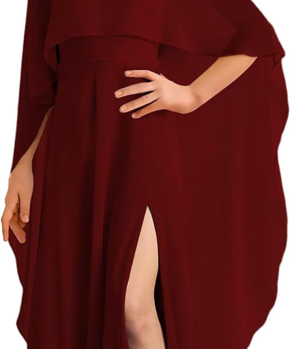 Augday Chiffon Junior Bridesmaid Dress with Cape V-Neck Chiffon A-Line Flower Girl Formal Gown UJR143