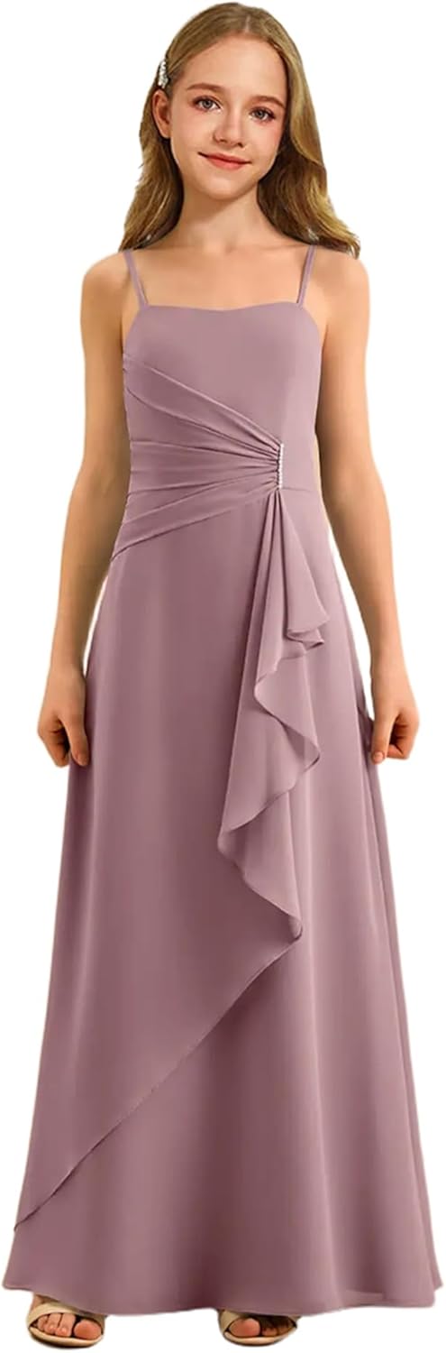 Augday Spaghetti Straps Chiffon Junior Bridesmaid Dress Ruffles A-Line Flower Girl Formal Gown UJR152