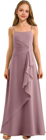 Augday Spaghetti Straps Chiffon Junior Bridesmaid Dress Ruffles A-Line Flower Girl Formal Gown UJR152