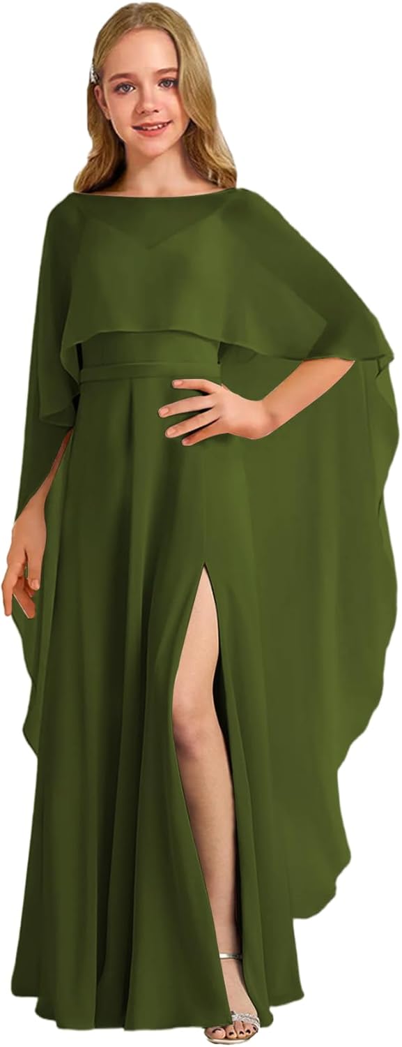 Augday Chiffon Junior Bridesmaid Dress with Cape V-Neck Chiffon A-Line Flower Girl Formal Gown UJR143