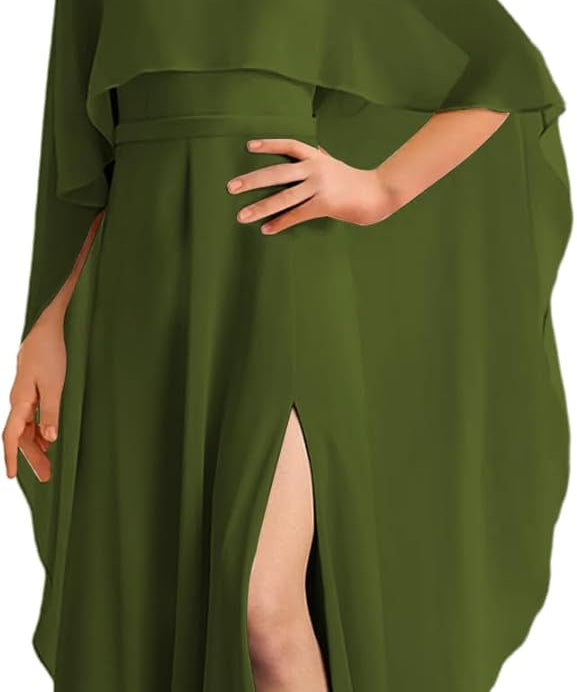 Augday Chiffon Junior Bridesmaid Dress with Cape V-Neck Chiffon A-Line Flower Girl Formal Gown UJR143