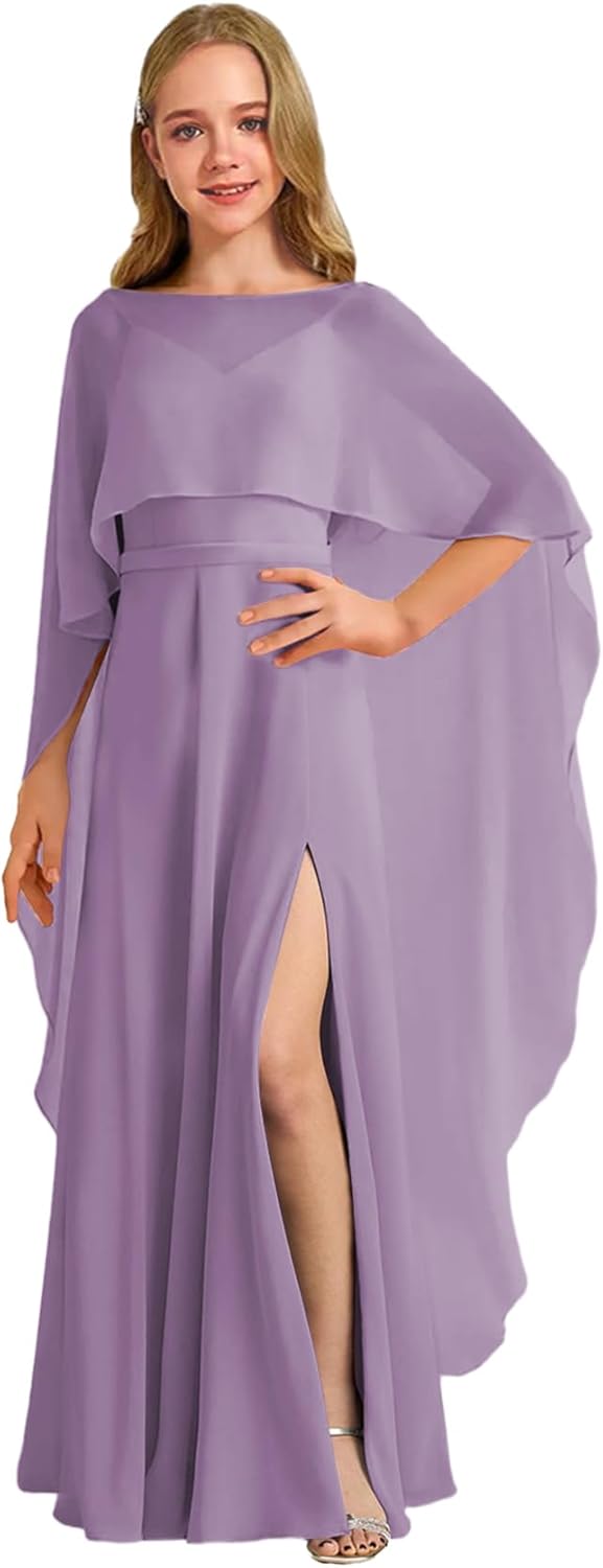 Augday Chiffon Junior Bridesmaid Dress with Cape V-Neck Chiffon A-Line Flower Girl Formal Gown UJR143