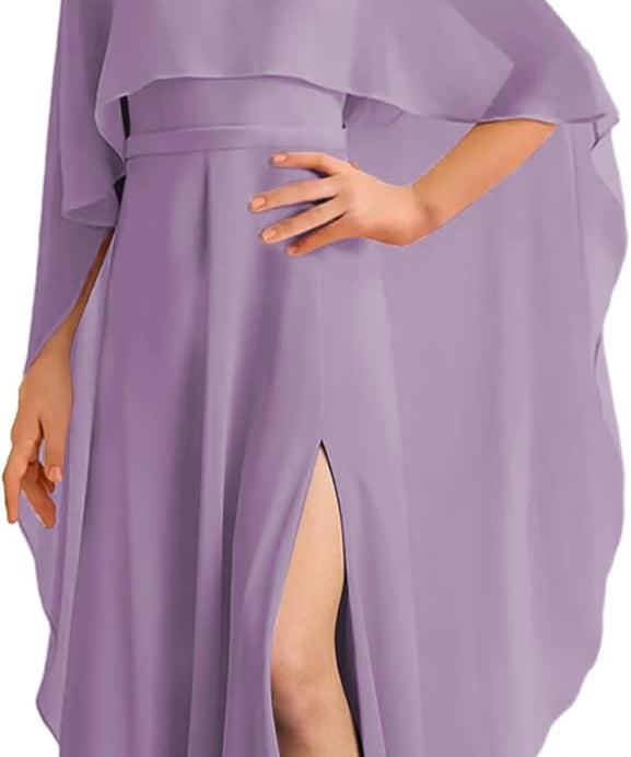 Augday Chiffon Junior Bridesmaid Dress with Cape V-Neck Chiffon A-Line Flower Girl Formal Gown UJR143