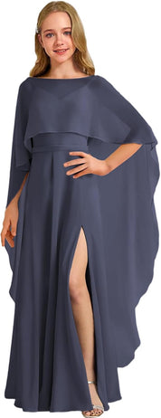 Augday Chiffon Junior Bridesmaid Dress with Cape V-Neck Chiffon A-Line Flower Girl Formal Gown UJR143