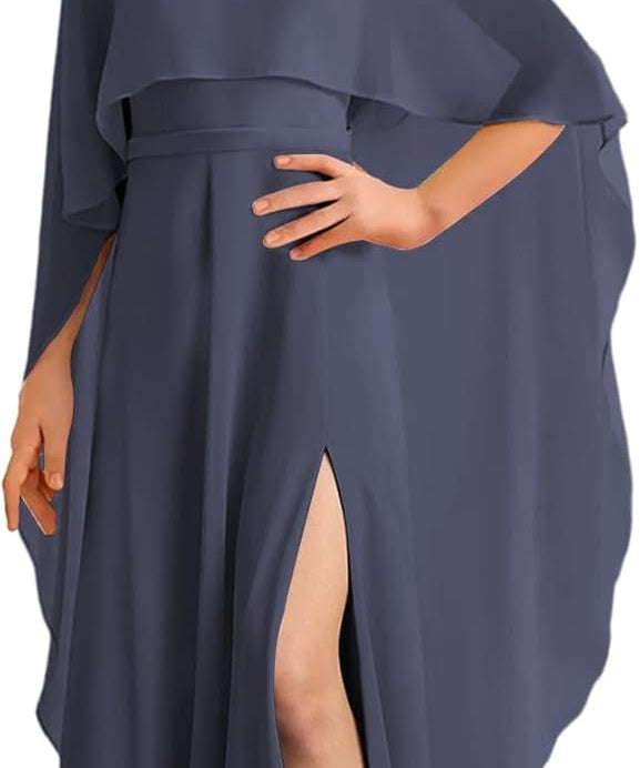 Augday Chiffon Junior Bridesmaid Dress with Cape V-Neck Chiffon A-Line Flower Girl Formal Gown UJR143