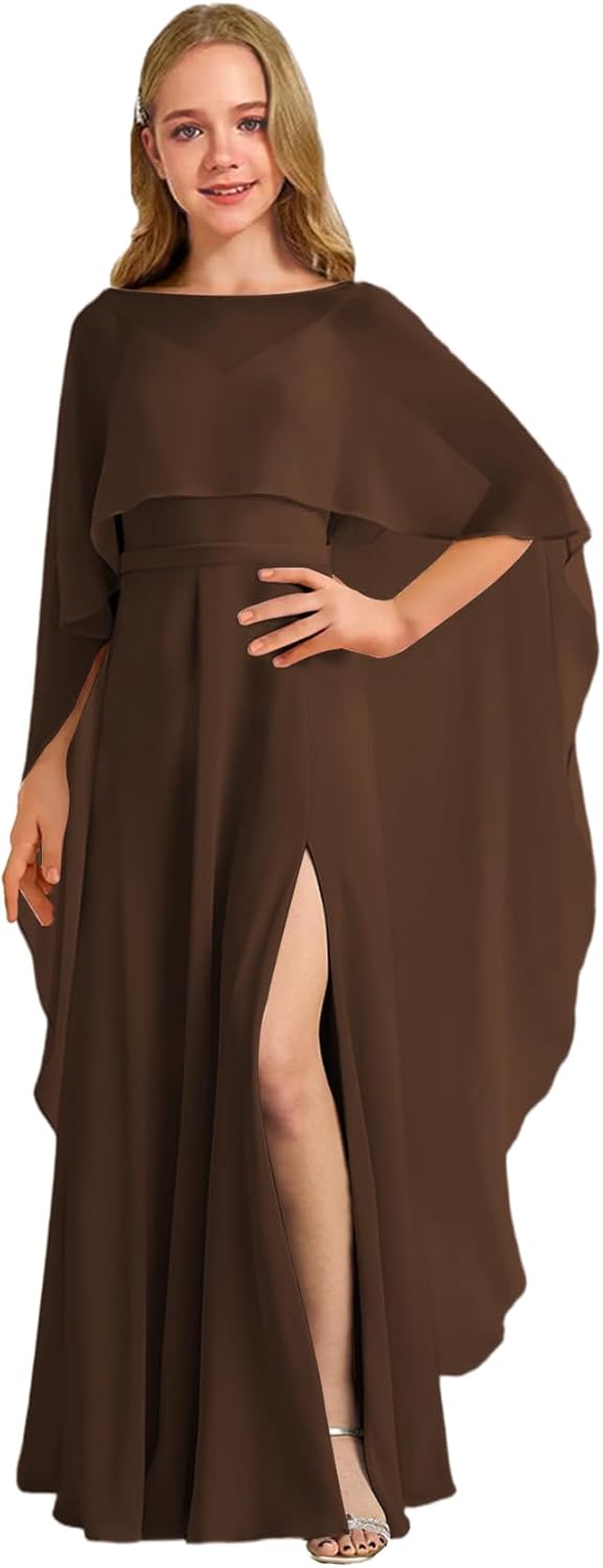 Augday Chiffon Junior Bridesmaid Dress with Cape V-Neck Chiffon A-Line Flower Girl Formal Gown UJR143