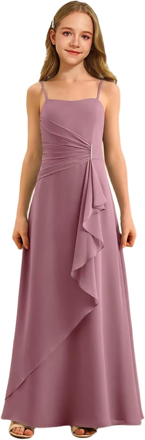 Augday Spaghetti Straps Chiffon Junior Bridesmaid Dress Ruffles A-Line Flower Girl Formal Gown UJR152