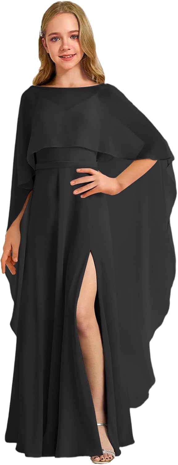Augday Chiffon Junior Bridesmaid Dress with Cape V-Neck Chiffon A-Line Flower Girl Formal Gown UJR143