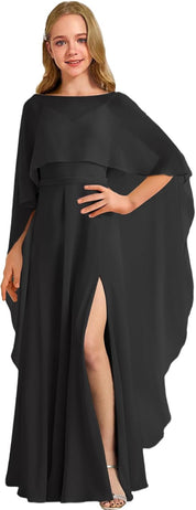 Augday Chiffon Junior Bridesmaid Dress with Cape V-Neck Chiffon A-Line Flower Girl Formal Gown UJR143