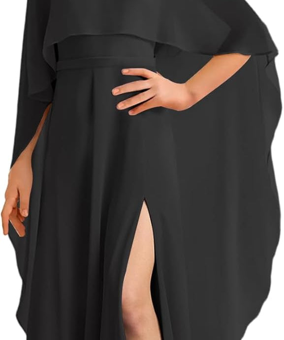 Augday Chiffon Junior Bridesmaid Dress with Cape V-Neck Chiffon A-Line Flower Girl Formal Gown UJR143