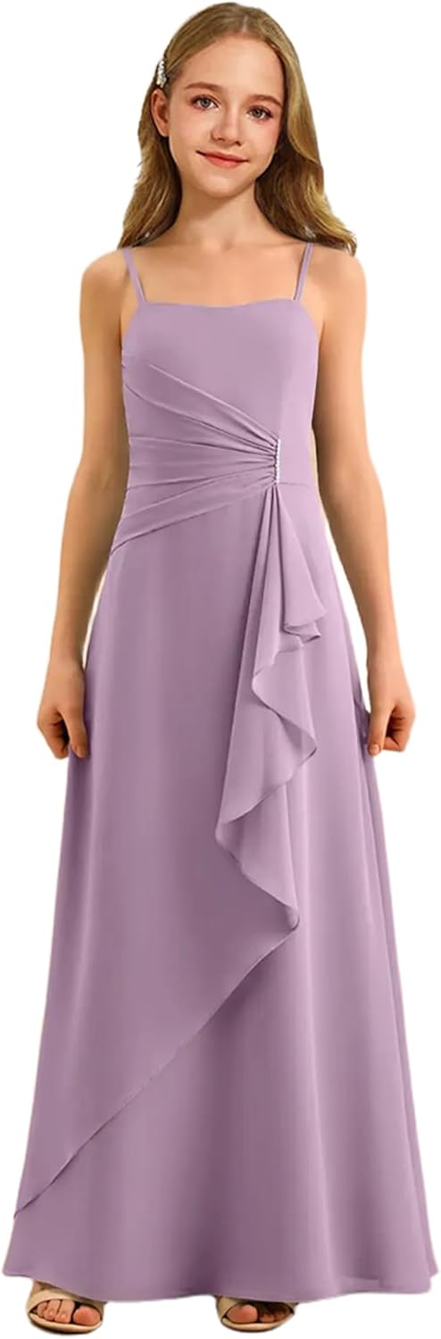 Augday Spaghetti Straps Chiffon Junior Bridesmaid Dress Ruffles A-Line Flower Girl Formal Gown UJR152