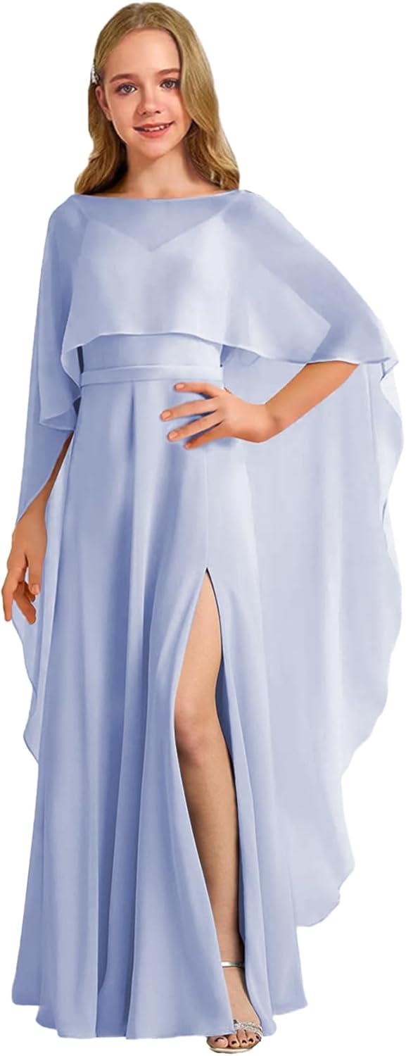 Augday Chiffon Junior Bridesmaid Dress with Cape V-Neck Chiffon A-Line Flower Girl Formal Gown UJR143