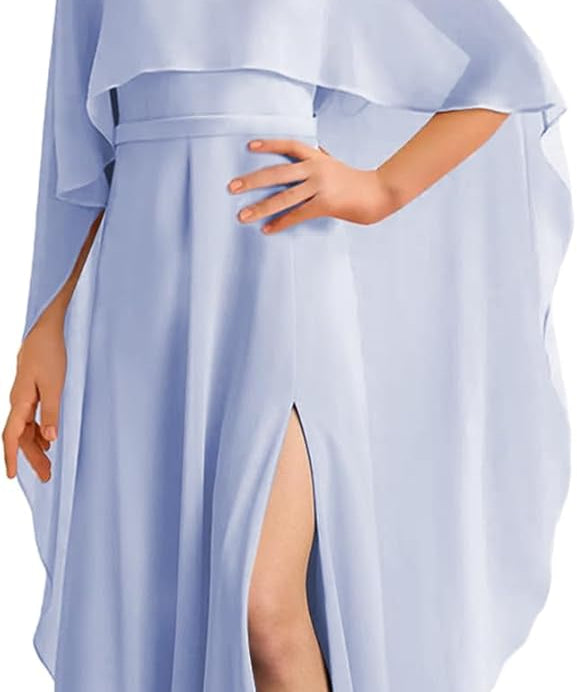 Augday Chiffon Junior Bridesmaid Dress with Cape V-Neck Chiffon A-Line Flower Girl Formal Gown UJR143