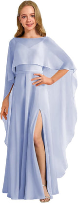 Augday Chiffon Junior Bridesmaid Dress with Cape V-Neck Chiffon A-Line Flower Girl Formal Gown
