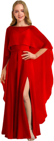 Augday Chiffon Junior Bridesmaid Dress with Cape V-Neck Chiffon A-Line Flower Girl Formal Gown UJR143